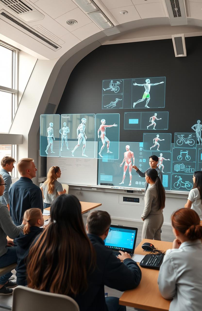 A futuristic biomechanical classroom where students of diverse backgrounds are engaging with advanced biomechanics educational tools