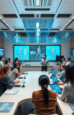 A futuristic biomechanical classroom where students of diverse backgrounds are engaging with advanced biomechanics educational tools