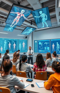 A futuristic biomechanical classroom where students of diverse backgrounds are engaging with advanced biomechanics educational tools