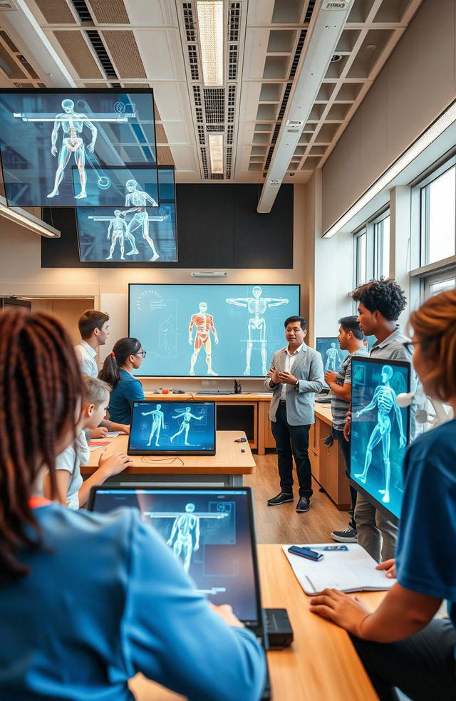 A futuristic biomechanical classroom where students of diverse backgrounds are engaging with advanced biomechanics educational tools