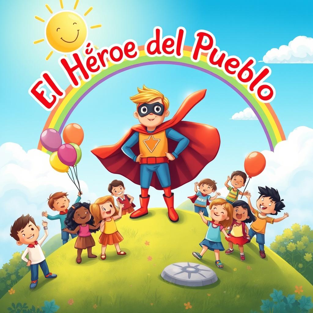 A vibrant and imaginative illustration perfect for a children's book cover, depicting a heroic figure dressed in a colorful and fantastical superhero outfit, complete with a flowing cape