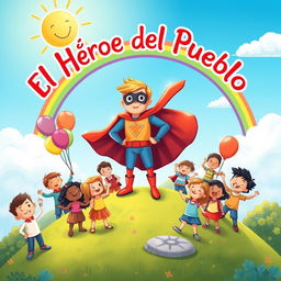 A vibrant and imaginative illustration perfect for a children's book cover, depicting a heroic figure dressed in a colorful and fantastical superhero outfit, complete with a flowing cape