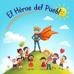 A vibrant and imaginative illustration perfect for a children's book cover, depicting a heroic figure dressed in a colorful and fantastical superhero outfit, complete with a flowing cape