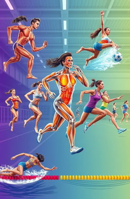 A vibrant illustration of biomechanics in physical education and sports, showcasing athletes in various disciplines like running, swimming, soccer, and gymnastics