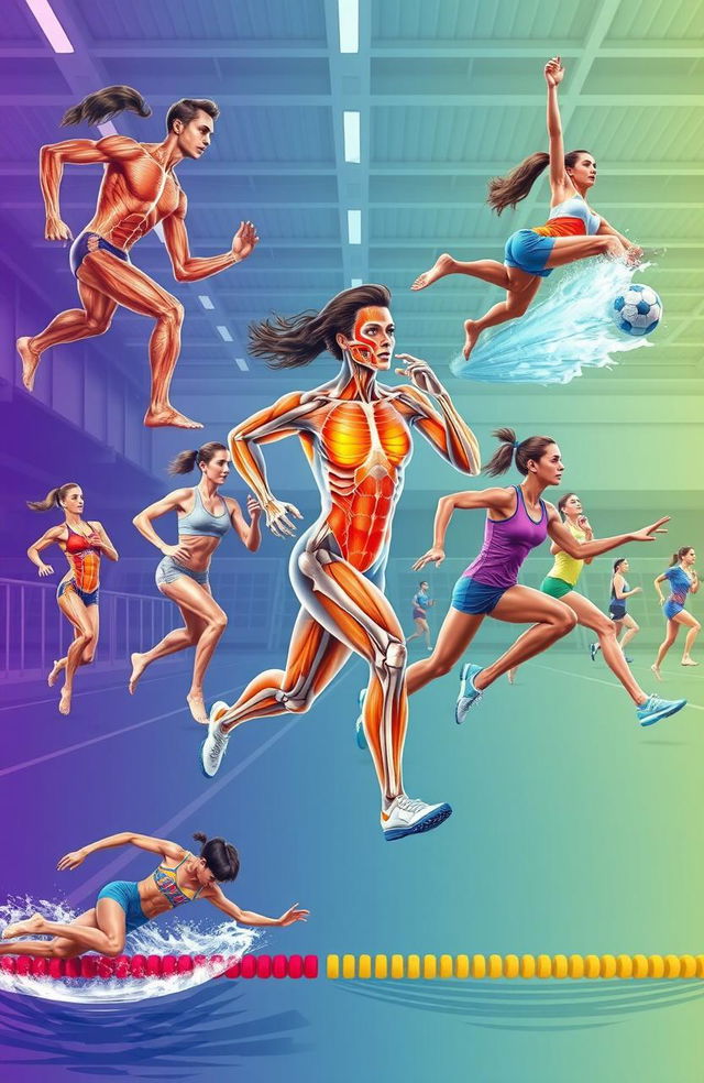 A vibrant illustration of biomechanics in physical education and sports, showcasing athletes in various disciplines like running, swimming, soccer, and gymnastics