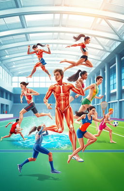 A vibrant illustration of biomechanics in physical education and sports, showcasing athletes in various disciplines like running, swimming, soccer, and gymnastics