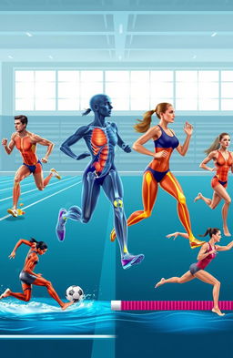 A vibrant illustration of biomechanics in physical education and sports, showcasing athletes in various disciplines like running, swimming, soccer, and gymnastics