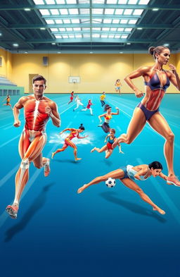 A vibrant illustration of biomechanics in physical education and sports, showcasing athletes in various disciplines like running, swimming, soccer, and gymnastics