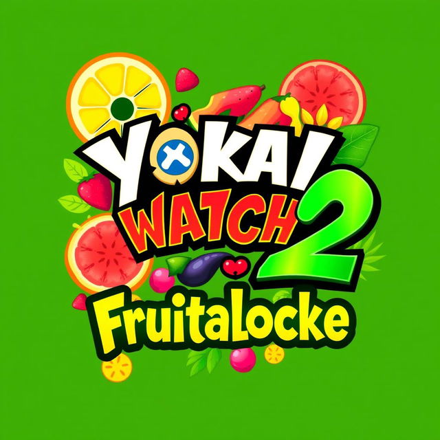 A vibrant and playful logo for "Yokai Watch 2 Frutalocke" featuring colorful, fantasy-themed fonts and incorporating elements inspired by Yokai watch creatures and exotic fruits