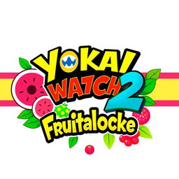 A vibrant and playful logo for "Yokai Watch 2 Frutalocke" featuring colorful, fantasy-themed fonts and incorporating elements inspired by Yokai watch creatures and exotic fruits