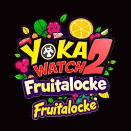 A vibrant and playful logo for "Yokai Watch 2 Frutalocke" featuring colorful, fantasy-themed fonts and incorporating elements inspired by Yokai watch creatures and exotic fruits