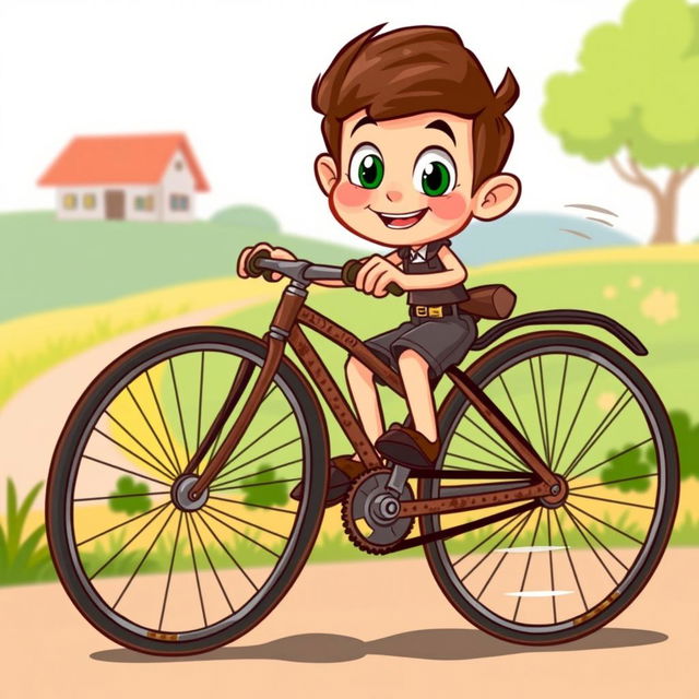 A cartoon classic style illustration of a vintage bicycle being pedaled by a character