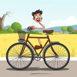 A cartoon classic style illustration of a vintage bicycle being pedaled by a character