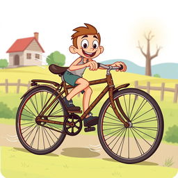 A cartoon classic style illustration of a vintage bicycle being pedaled by a character