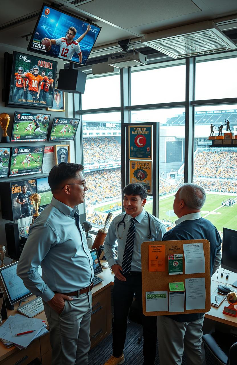 A dynamic scene capturing a bustling sports management office, filled with sports memorabilia, trophies, and multiple screens displaying various sports events
