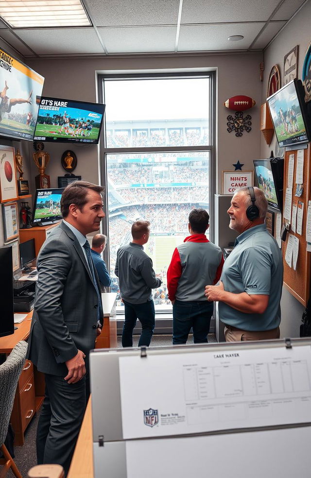 A dynamic scene capturing a bustling sports management office, filled with sports memorabilia, trophies, and multiple screens displaying various sports events