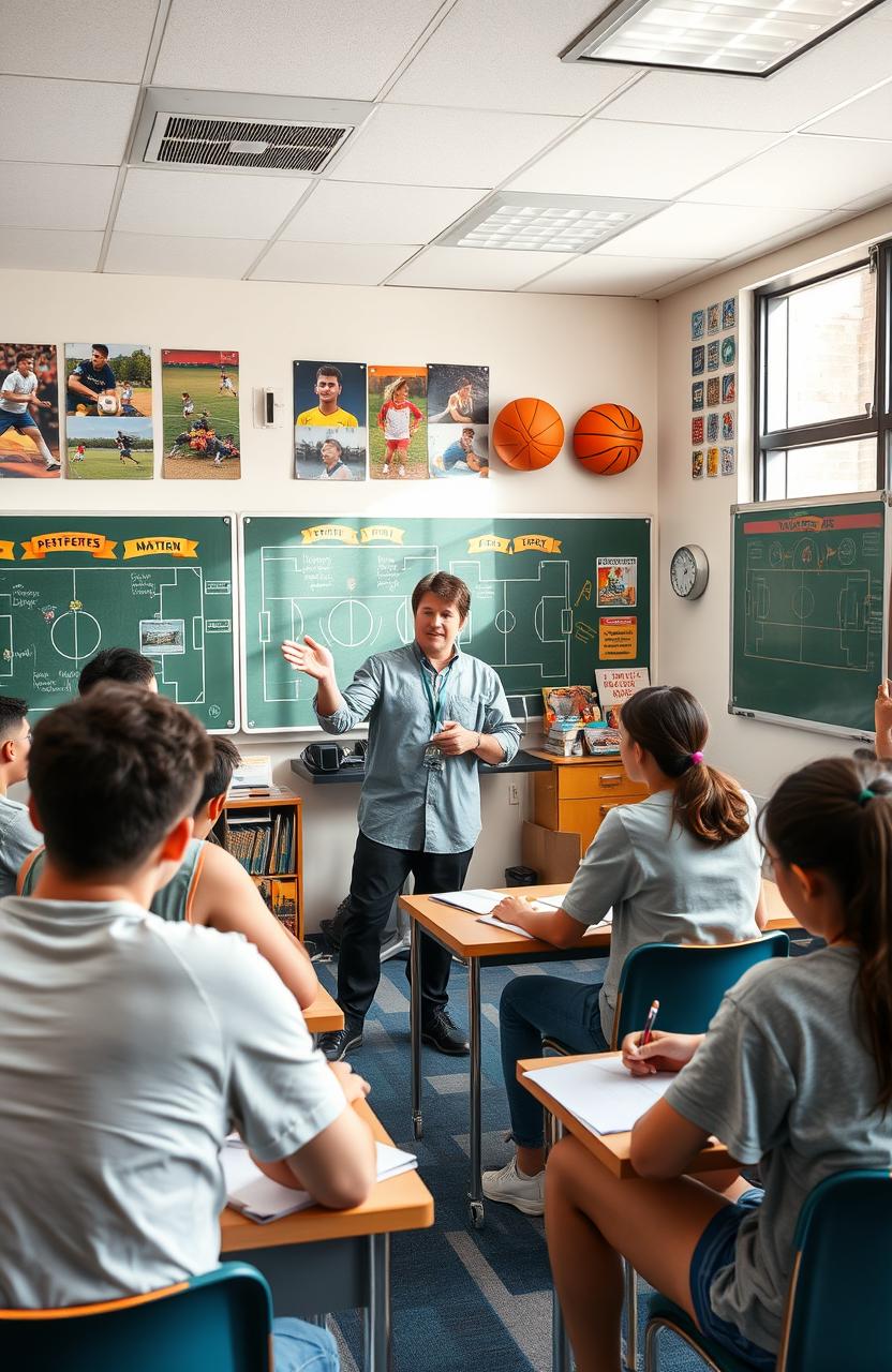 A dynamic classroom scene in a sports management class within a physical education setting