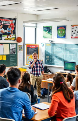 A dynamic classroom scene in a sports management class within a physical education setting