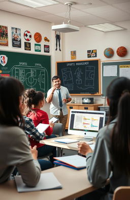 A dynamic classroom scene in a sports management class within a physical education setting