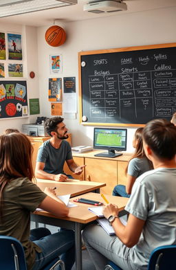 A dynamic classroom scene in a sports management class within a physical education setting