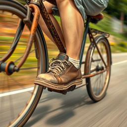 A cartoon classic style illustration capturing a close-up zoom of feet pedaling an old bicycle