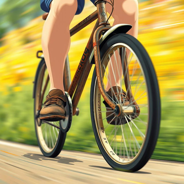 A cartoon classic style illustration capturing a close-up zoom of feet pedaling an old bicycle