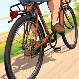 A cartoon classic style illustration capturing a close-up zoom of feet pedaling an old bicycle