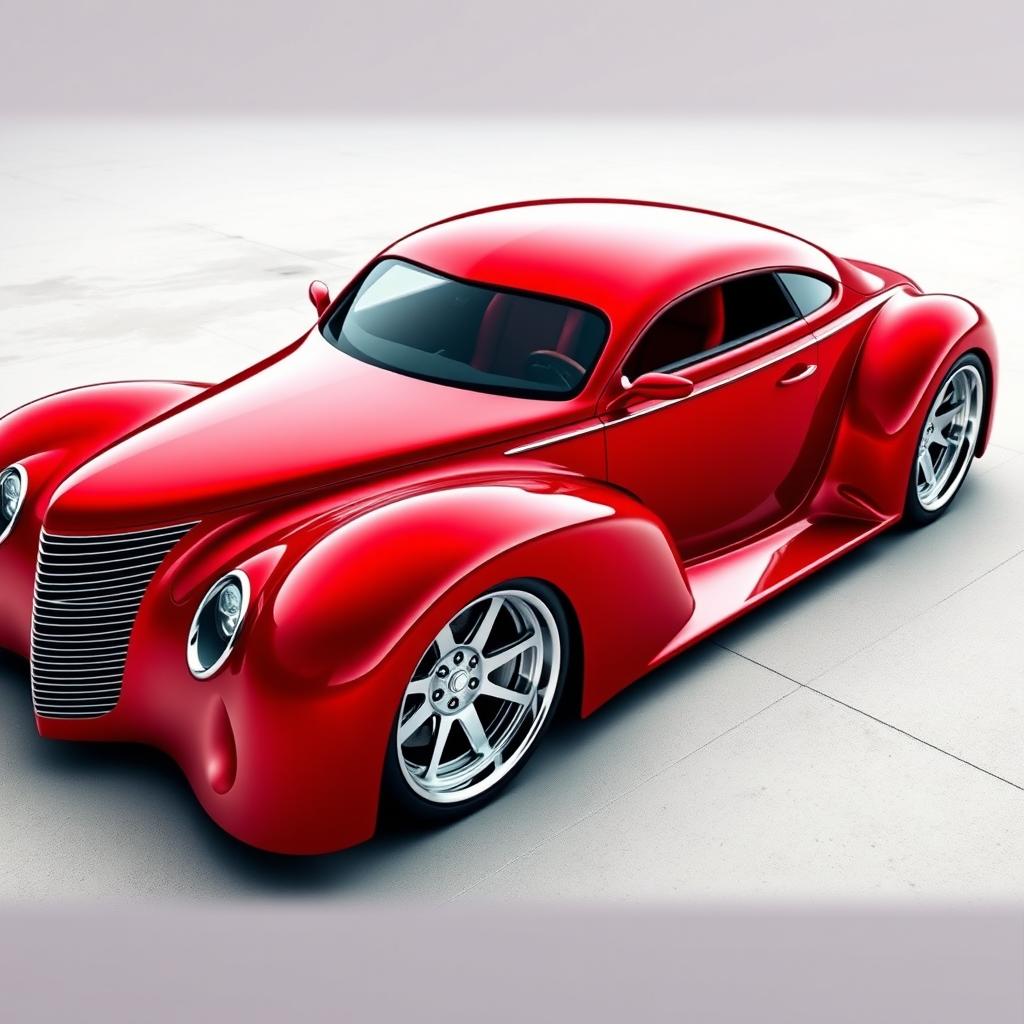 A breathtaking red supercar that seamlessly fuses the timeless design of a 1939 Chevrolet Coupe with a widebody aesthetic