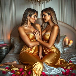 In a luxurious Parisian bedroom, two very glamorous busty tanned young women engage in an intimate moment, their heads touching tenderly