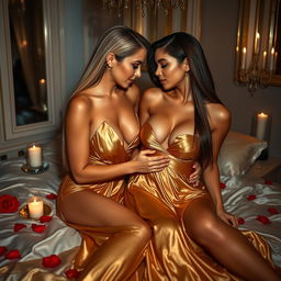 In a luxurious Parisian bedroom, two very glamorous busty tanned young women engage in an intimate moment, their heads touching tenderly