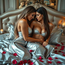 In a luxurious Parisian bedroom, two very glamorous busty tanned young women are caught in an intimate embrace, their heads touching with tender closeness