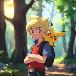 A vibrant and playful scene featuring an individual with blond hair, styled cartoonishly in the style of Pokémon trainers, standing confidently with a Pikachu perched on their shoulder