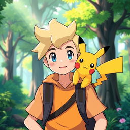 A vibrant and playful scene featuring an individual with blond hair, styled cartoonishly in the style of Pokémon trainers, standing confidently with a Pikachu perched on their shoulder