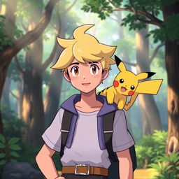 A vibrant and playful scene featuring an individual with blond hair, styled cartoonishly in the style of Pokémon trainers, standing confidently with a Pikachu perched on their shoulder