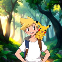 A vibrant and playful scene featuring an individual with blond hair, styled cartoonishly in the style of Pokémon trainers, standing confidently with a Pikachu perched on their shoulder