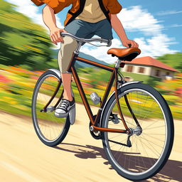 A dynamic illustration featuring a person energetically pedaling a bicycle