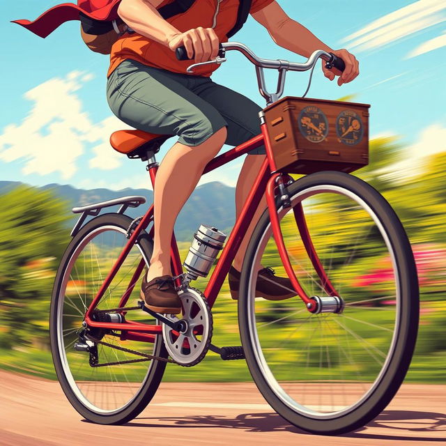 A dynamic illustration featuring a person energetically pedaling a bicycle