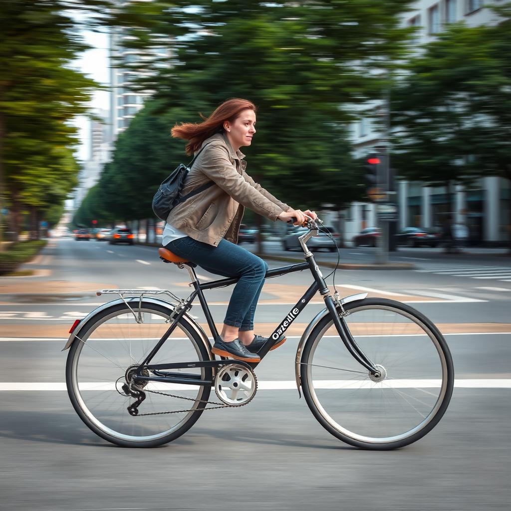 A person dynamically pedaling on a Gazelle bicycle, showcasing the sleek design and elegant posture of a classic Gazelle model