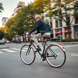 A person dynamically pedaling on a Gazelle bicycle, showcasing the sleek design and elegant posture of a classic Gazelle model