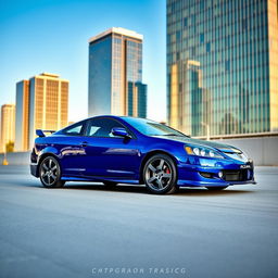 A 2005 Acura RSX Type S in vivid blue, captured in a dynamic and modern setting