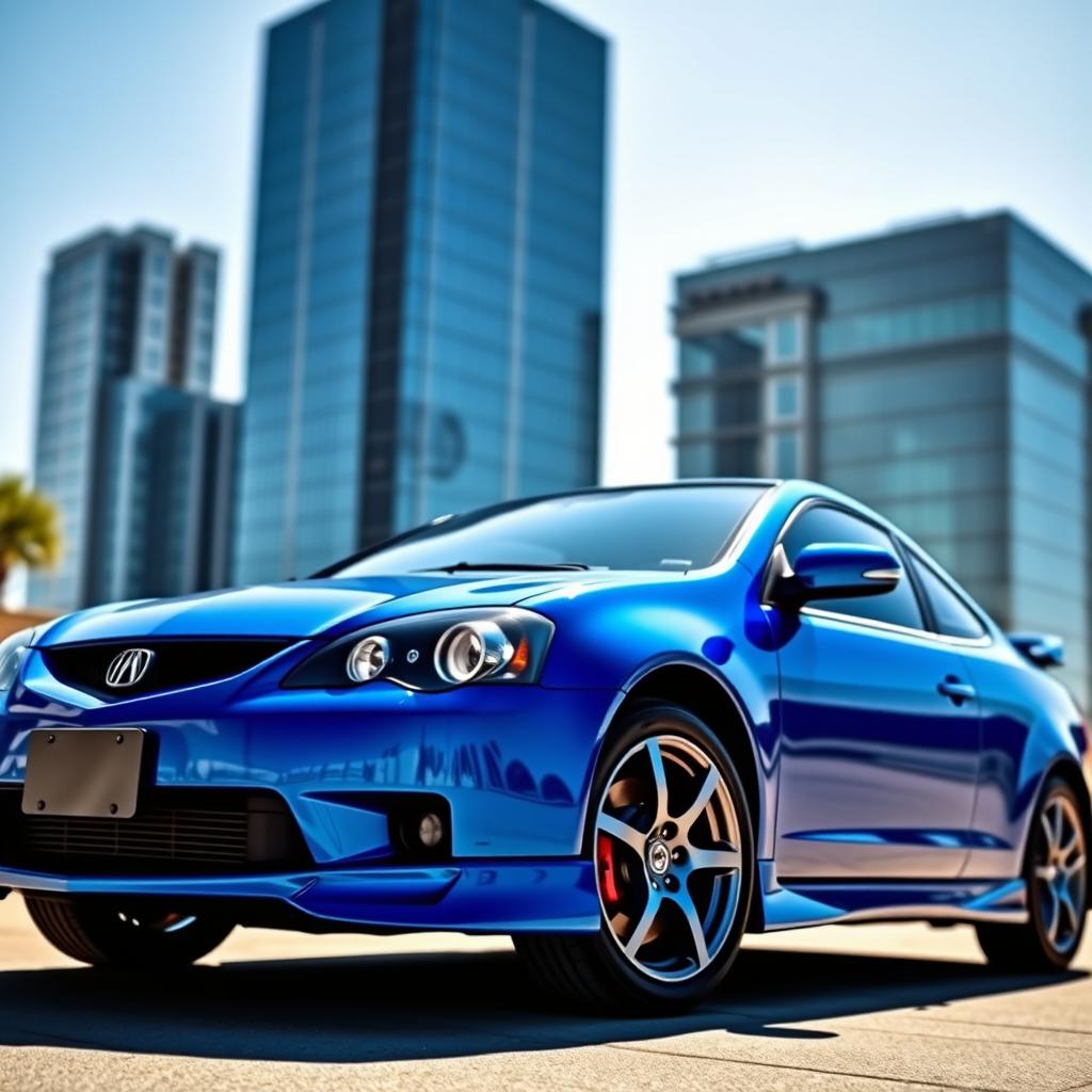 A 2005 Acura RSX Type S in vivid blue, captured in a dynamic and modern setting