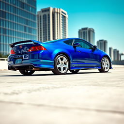 A 2005 Acura RSX Type S in vivid blue, captured in a dynamic and modern setting