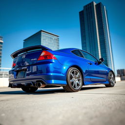 A 2005 Acura RSX Type S in vivid blue, captured in a dynamic and modern setting