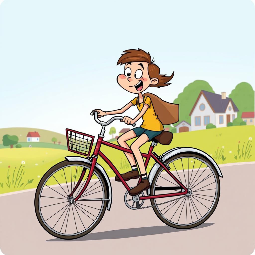 A lively cartoon depiction featuring a character pedaling on an old Gazelle bicycle