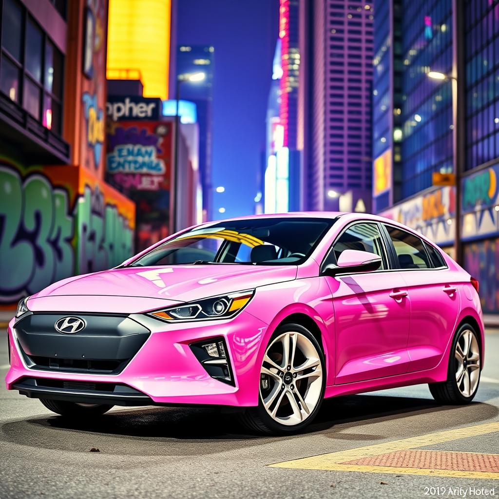 A 2019 Hyundai Ioniq in a playful bubble gum pink color with striking white rims, situated in a vibrant cityscape