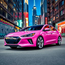 A 2019 Hyundai Ioniq in a playful bubble gum pink color with striking white rims, situated in a vibrant cityscape