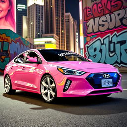 A 2019 Hyundai Ioniq in a playful bubble gum pink color with striking white rims, situated in a vibrant cityscape