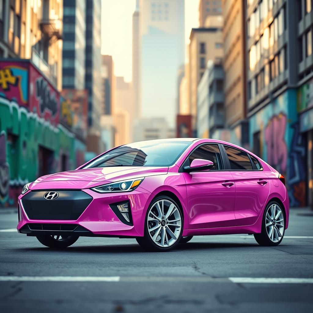 A 2019 Hyundai Ioniq in a playful bubble gum pink color with striking white rims, situated in a vibrant cityscape