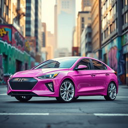 A 2019 Hyundai Ioniq in a playful bubble gum pink color with striking white rims, situated in a vibrant cityscape