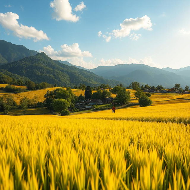 A scenic view of a village with golden rice fields